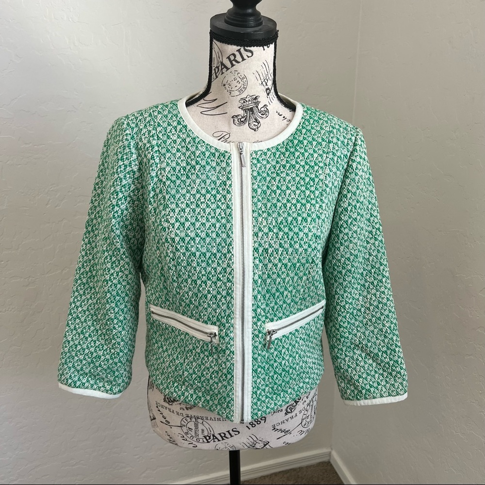Cabi tweed green and white blazer